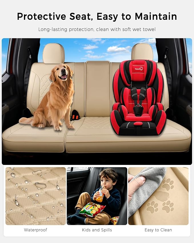 Huidasource F250 Rear Seat Covers, Beige Leather Back Seat Cushion Cover Fit for Ford F150 2015-2026&F250 F350 F450 2017-2026 Crew Cab XL XLT Lariat King Ranch Platinum, Split Rear Seat Cover - Image 3