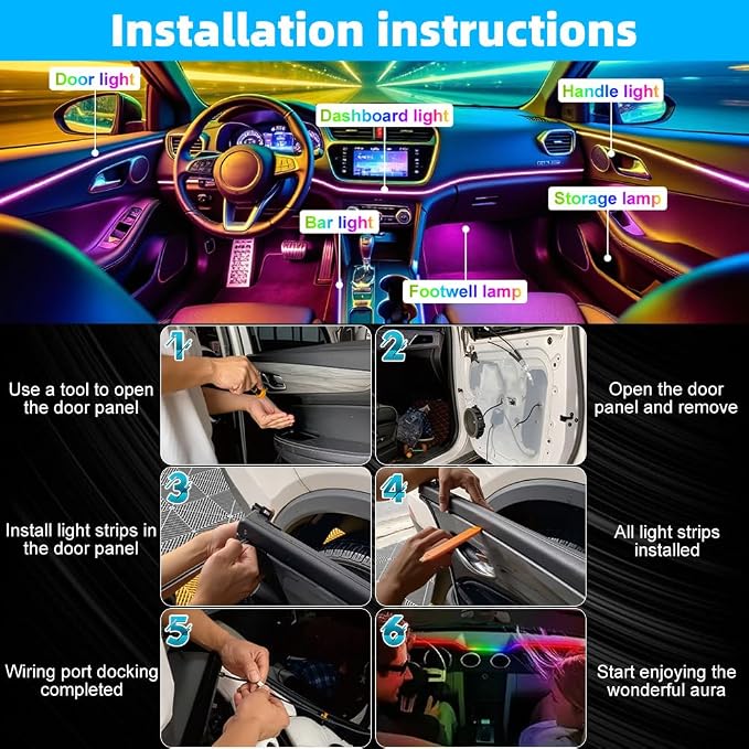 Acrylic Interior Car Ambient Lighting Kits, LED Strip Lights with Wireless APP, Neon Fiber Optic Lights Function LED Strip for Car with Music Modes (6 in 1) - Image 8