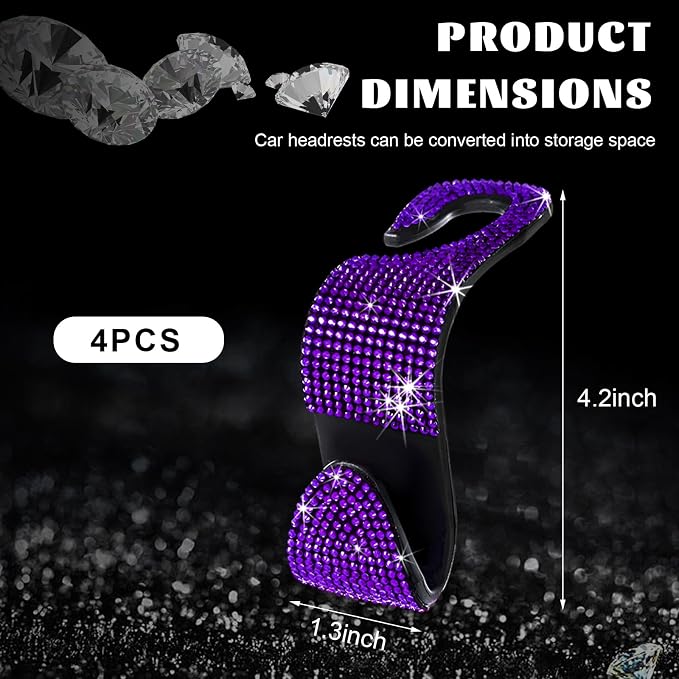 4 PCS Bling Car Seat Headrest Hooks, Sparkly Crystal Rhinestone Auto Back Seat Hanger Backpack Storage Hanger, Universal Diamond Handbag Hanging Holder for Car RV SUV Truck (Purple) - Image 2