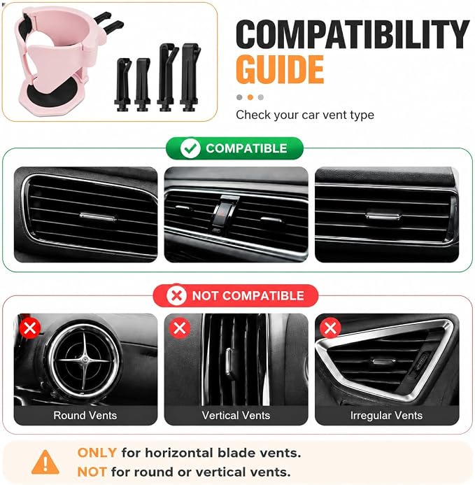 Car Air Vent Cup Holder, Clip On Dash Vent Hanging Drink Holder Expander, Auto Interior Air Conditioning Portable Storage Holder for Horizontal Blade, Universal for Most Cars (Pink) - Image 5