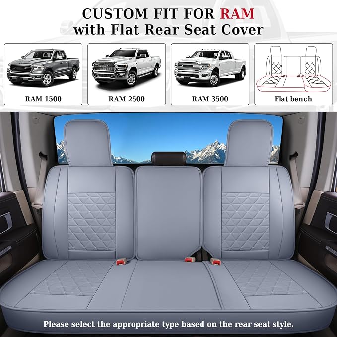 Coverado Car Seat Covers Full Set, Waterproof RAM 1500 Seat Cover Compatible with 2002-2026 RAM 1500 2500 3500 Crew Double Mega Quad Cab with Flat Bench, Gray - Image 4