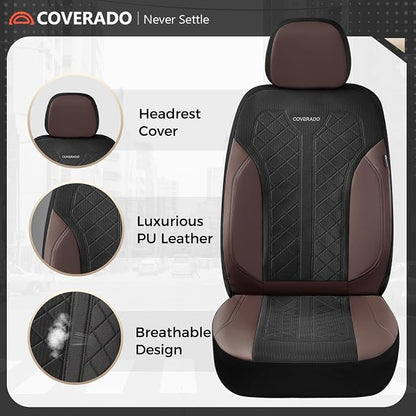 Coverado Seat Covers for Car 5 Seats, Leather Car Seat Covers Fullset, Breathable Mesh Front and Rear Protectors, Coffee Luxury Automotive Covers, Universal Fit for SUV, Truck, Sedan - Image 3