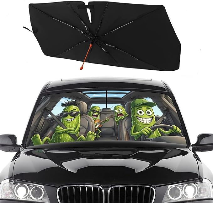 Socira Funny Pickle Car Windshield Sun Shade Umbrella Pickle Gifts | Foldable Sunshade for Front Window Auto Windshield Sunshade Covers Car Accessories Protect from Sun Rays Heat 57'' X 30'' by Socira