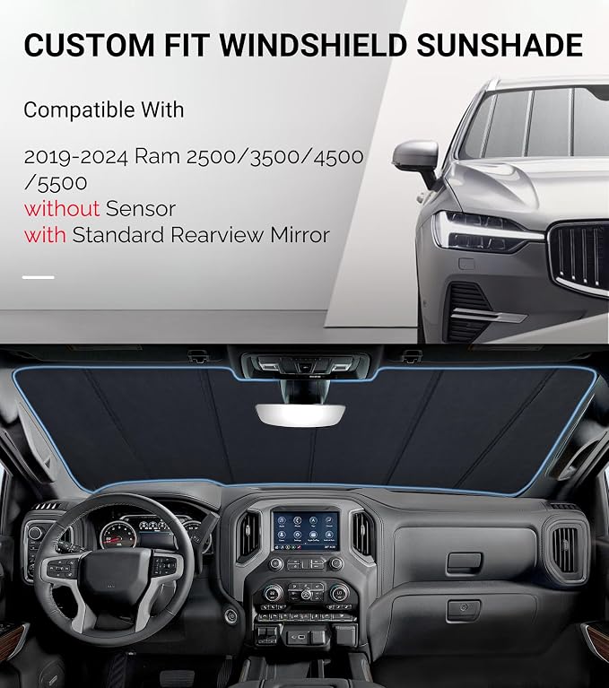 Pigenius Windshield Sunshade for Ram 2500/3500/4500/5500 2019-2024 Without Sensor with Standard Rearview Mirror, Custom Fit Front Window Sun Shade - Safeguard - Image 2