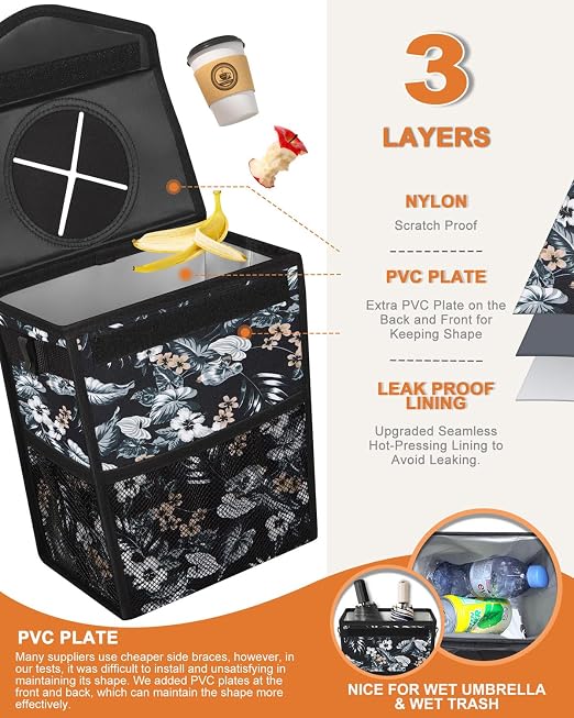 Pritent Car Trash Can with Lid Leakproof Car Garbage Bag Vehicle Trash Bin | Hanging Automotive Garbage Can,Multipurpose Car Accessories for Women Men Interior Car Storage Organizer(2 Gal,Lily Print) - Image 3