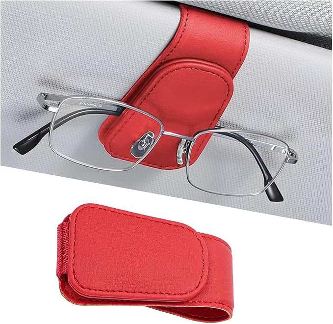 Sunglasses Holder for Car Visor, Microfiber Leather Magnetic Sun Visor Eyeglasses Hanger & Ticket Card Clip, Multi-Function Automotive Interior Glasses Mount, Universal Fit (Red) by Ywdiml