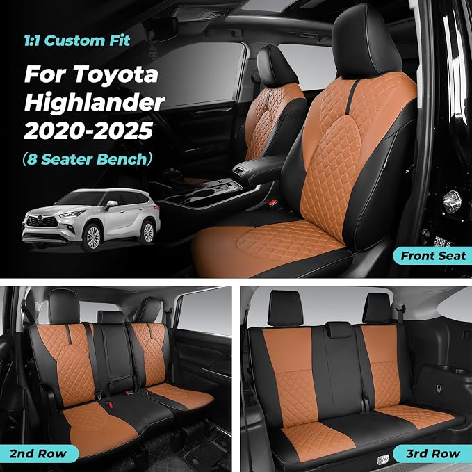 Custom Seat Covers for Toyota Highlander 2020-2024 8 Seats | black brown, faux leather, 2nd row 40/60 split bench, waterproof, breathable, airbag compatible, stain resistant - Image 6