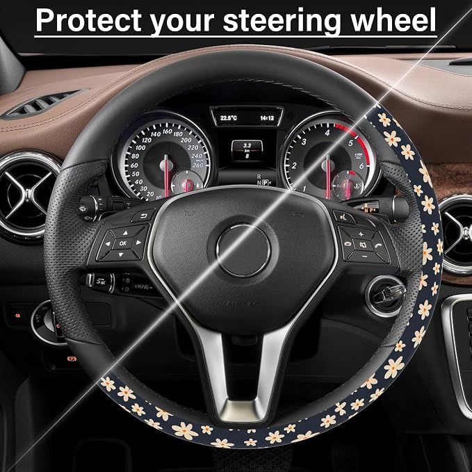 Steering Wheel Cover Neoprene Material Most Cars Men&Women Universal 15 inch Premium Non-Slip Spring Steering Wheel Protector Floral Car Accessories (Daisy Flower) - Image 5