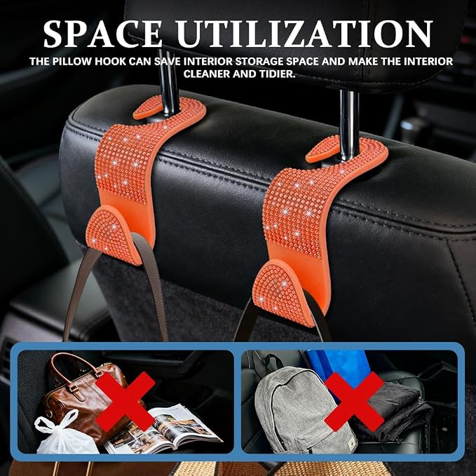 4PCS Bling Car Seat Headrest Hooks, Purse Holder for Car, Vehicle Back Seat Purse Handbag Hanging Holder with Crystal Rhinestone, Diamond Car Rear Seat Organizer for Vehicles (Orange) - Image 5