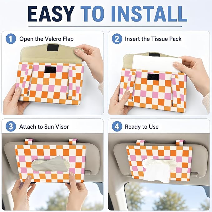 Car Tissue Holder, Cute Sun Visor Napkin Holder Backseat Tissue Case, PU Leather Tissue Box, Funny Car Accessories for Women Men Colorful Funny Plaid - Image 3