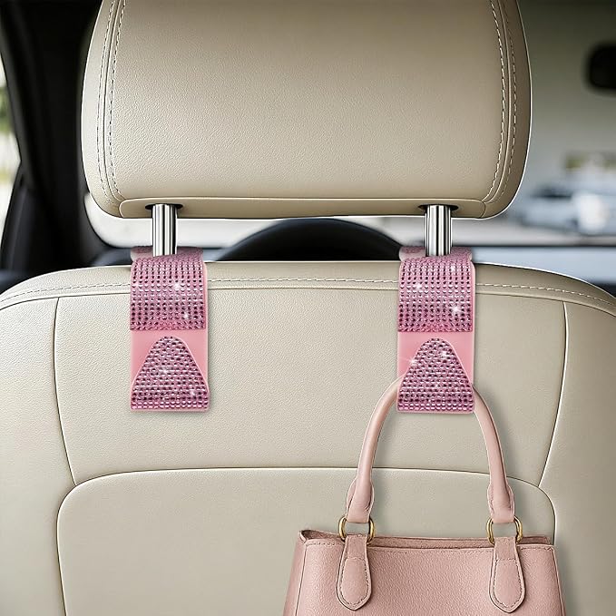 HZEL 4PCS Crystal Rhinestone Vehicle Headrest Hooks for Bags, Pink | plastic and rhinestone build, snap-on headrest mounting, holds bags and umbrellas, uses seatback space, fits vehicles - Image 3