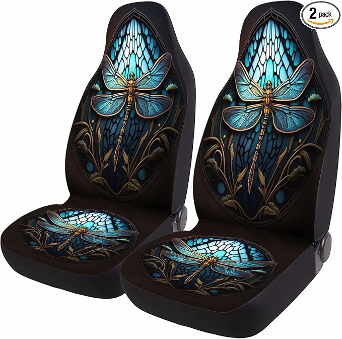 GENANY Dragonfly Car Seat Covers, 2-Piece Front Seat Set | 2-piece polyester front seat cover set, each 35 x 21 x 21 inches, with adjustable straps and hooks by GENANY