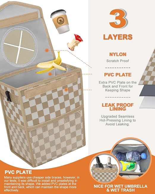 Pritent Car Trash Can with Lid Leakproof Car Garbage Bag Vehicle Trash Bin | Hanging Automotive Garbage Can,Multipurpose Car Accessories for Women Interior Car Storage Organizer(2 Gal,Khaki Checkered) - Image 3