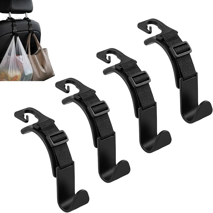 4 Pack Headrest Hooks for Car, Adjustable Purse Hook, 110 LBS Heavy Duty, Vehicle Seat Back Organizer for Purses, Bags, Handbags, Easy Install ﻿(Black) by Unknown