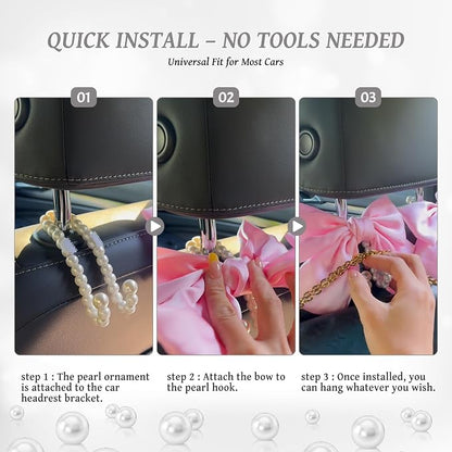 2 PCS Bow Pearl Car Seat Headrest Hook – Cute Purse Hook for Car, Girly Interior Decoration Accessories Hook Hanger, Seatback Holder for Purses & Bags, Elegant Car Organizer (Moonlight Grey) - Image 7