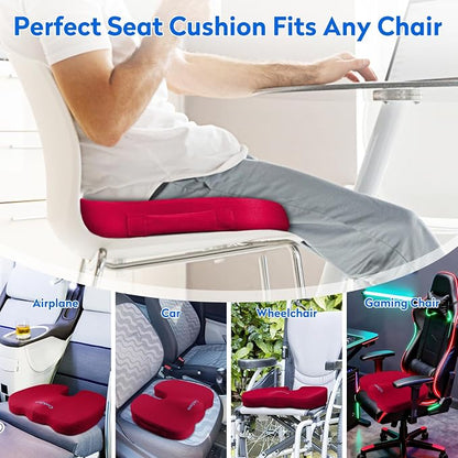 CushZone XXL Memory Foam Seat Cushion for Office & Car, Red | U-shaped Coccyx Cutout, Contoured Design, Breathable Removable Mesh Cover, Non-Slip Base, Carry Handle - Image 5