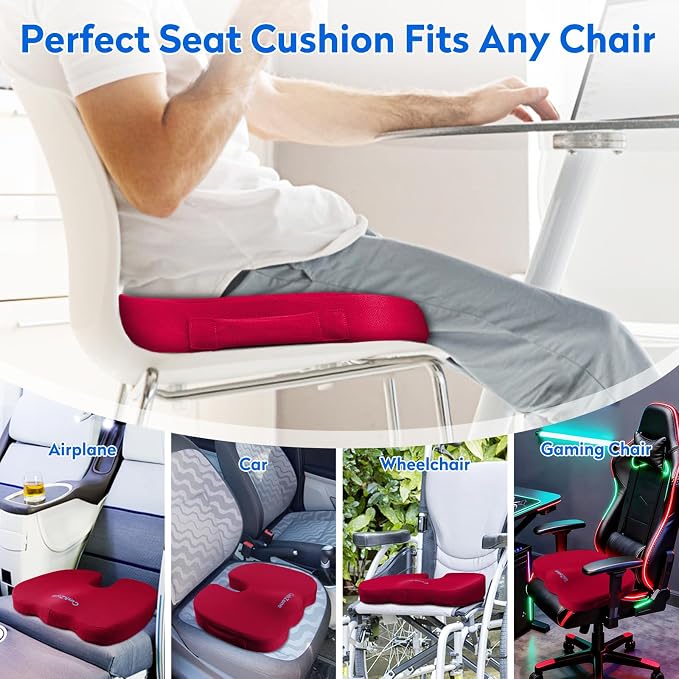 CushZone Memory Foam Seat Cushion for Office Hair, Car & Wheelchair, Red | U-shaped Coccyx Cutout, Contoured Design, Breathable Removable Mesh Cover, Non-Slip Base, Carry Handle - Image 5