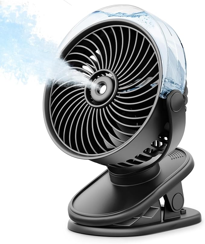 SWEETFULL Portable Misting Clip On Fan, USB-C Rechargeable Mini Personal Cooling Fan with 4 Speeds, 360° Rotatable, Quiet Cooling for Outdoor, Camping, Golf Cart, Travel, Stroller & Desk (Black) by SWEETFULL
