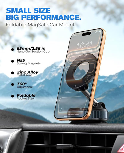Jononser Magnetic Car Phone Holder for MagSafe, Nano-Gel Suction Cup Car Phone Mount for Car Dashboard & Windshield, Pocket-Size Foldable 360° Adjustable Car Mount for iPhone 17 16 15 14 13 12 Series - Image 2
