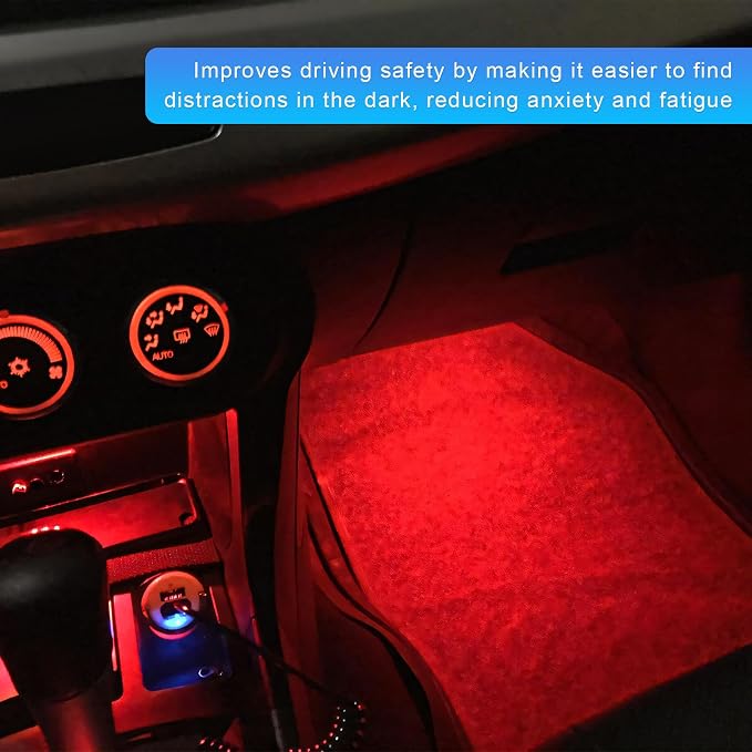 Car LED Strip Light, 12V 24 LEDs RGB Car Atmosphere Lamp with Cigarette Adapter Plug, Vehicle Under Dash Floor Ambient Night Decorative Lighting Kit (Red) - Image 4