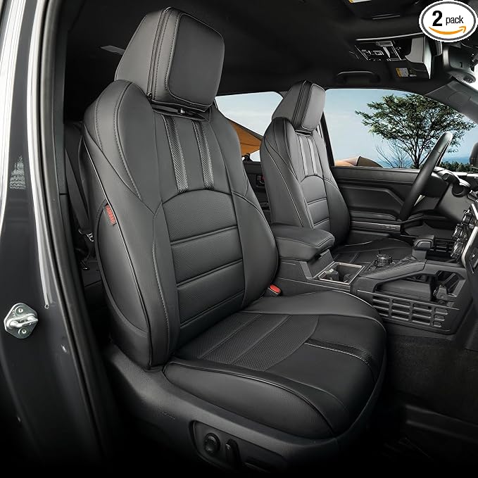 Tacoma Front Seat Covers for 2016-2023 Toyota Tacoma Double/Crew Cab SR,SR5,TRD Off Road,TRD Pro,TRD Sport,Limited Pickup,Waterproof Leather Car Seat Protector(2-Pack,Black&Carbon Fiber) by Coverdream