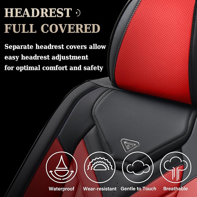 Coverado Car Seat Covers Full Set, Automotive Seat Covers Car Seat Protector Car Seat Cushion, Waterproof Leather Seat Covers for Cars, Universal Fit for Most Sedans SUV Pick-up Truck(Black&Red) - Image 3