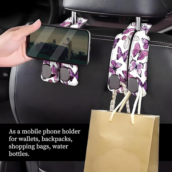 Car Seat Headrest Hook, Universal Leather Cute Hanger Holder Hook, Storage Organizer Interior Accessories for Purse Bags Handbag Luxury Purple Butterfly - Image 2