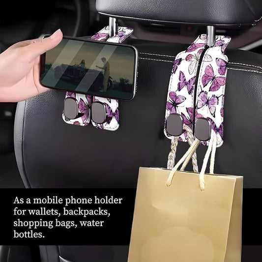 Car Seat Headrest Hook, Universal Leather Cute Hanger Holder Hook, Storage Organizer Interior Accessories for Purse Bags Handbag Luxury Purple Butterfly - Image 2