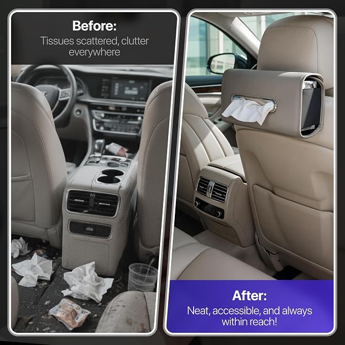 Lucrum Extra Large Car Tissue Holder - PU Leather Tissue Box Cover | Fits Regular Size Napkins Box - PU Leather Car Tissue Holder for Seat Back, Sun Visor & Console - Pearl Grey - Image 2
