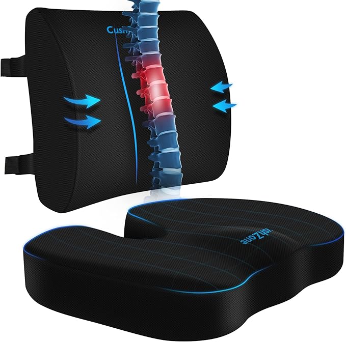 CushZone Seat Cushion and Lumbar Support Pillow for Office Chair, Black | Ergonomic Memory Foam for Sciatica Pain Relief & Posture Correction; Non-Slip Chair Cushions for Car, Wheelchair and Travel by CushZone