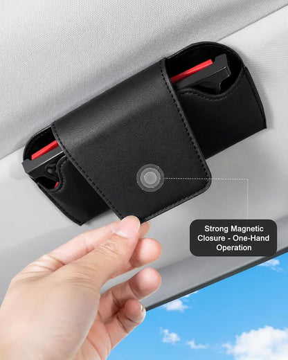 Magnetic Car Sunglasses Holder for Visor, Black PVC Leather | 1-hand access stops lens scratches clip installs fast 7x3.5" won't block view Fits all car visors & most eyewear - Image 5