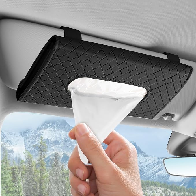 wuyaoyao Car Tissue Holder, Leather Sun Visor Napkin Case, Plaid-Black | Hook-and-Loop Design, Car Tissue Dispenser, Clip-on Mask Holder for Sunvisor, Easy to Use, Fits SUVs, Sedans, Trucks by wuyaoyao