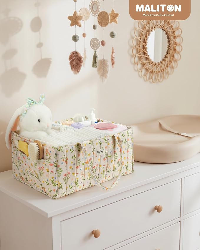 Maliton Diaper Caddy Organizer with 2 Side Pockets, Portable, Spring Floral | with Handle and Removable Dividers, Nursery Storage Basket, Car Organizer for Diapers & Wipes. Boy & Girl Shower Gift - Image 8