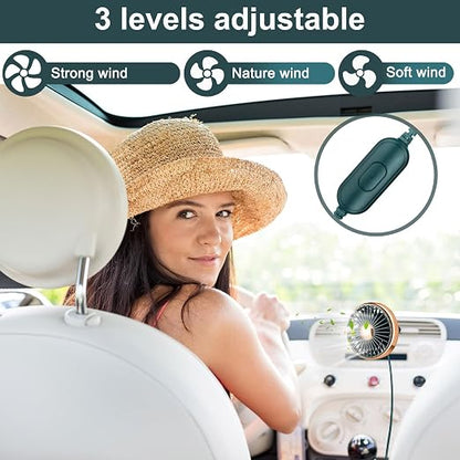 Glooglitter 2 Pcs Car Fan USB for Rear Seat Passenger Portable Headrest 360 Degree Rotatable 3 Speed 12v/ 24v Automobile Ventilation Fan with Clip for SUV Backseat, RV, Vehicles (Novelty,Gold) - Image 3