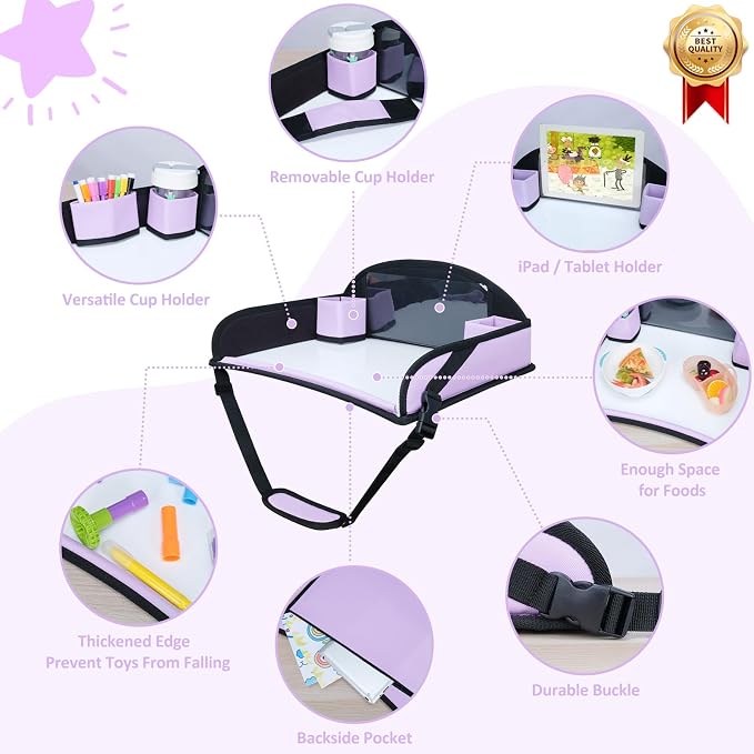 Toddler Car Seat Travel Tray FOR Road Trip Activities, Purple | Kids Carseat Tray With 16.7" x 13.4" Smooth Dry Erase Board, Cup holders, Ddjustable Strap & Shoulder Carry Strap - Image 5