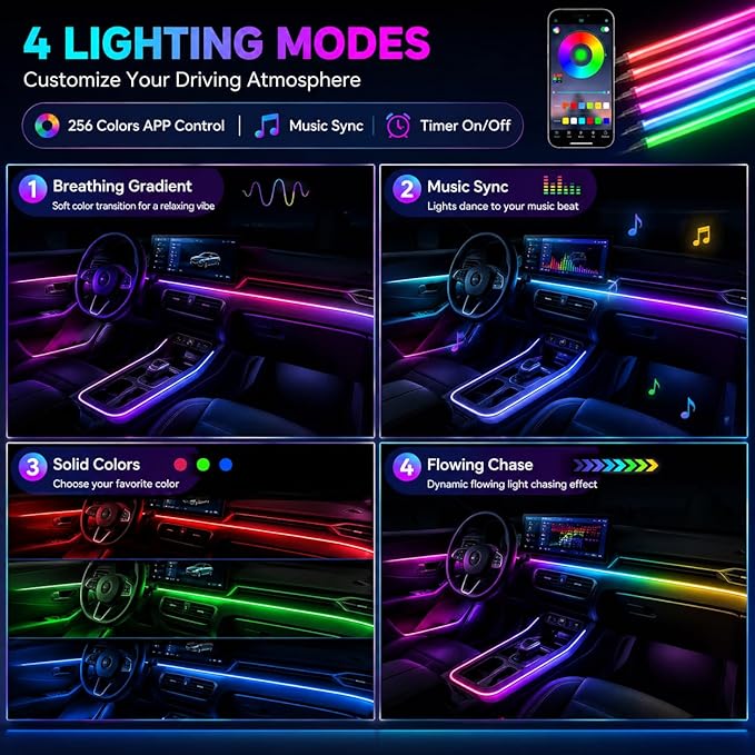 Acrylic Interior Car Ambient Lighting Kits, LED Strip Lights with Wireless APP, Neon Fiber Optic Lights Function LED Strip for Car with Music Modes (18 in 1) - Image 2
