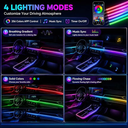 Acrylic Interior Car Ambient Lighting Kits, LED Strip Lights with Wireless APP, Neon Fiber Optic Lights Function LED Strip for Car with Music Modes (18 in 1) - Image 2