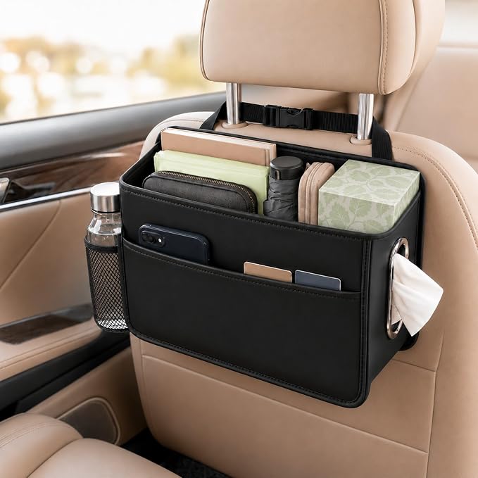 Noaman Upgraded Large Car Seat Storage Organizer with Tissue holder | PU Leather Backseat Car Organizer 3 in 1 Car Trash Bag Can 11.25 Liters Large Capacity Car Essentials Accessories Black by Noaman