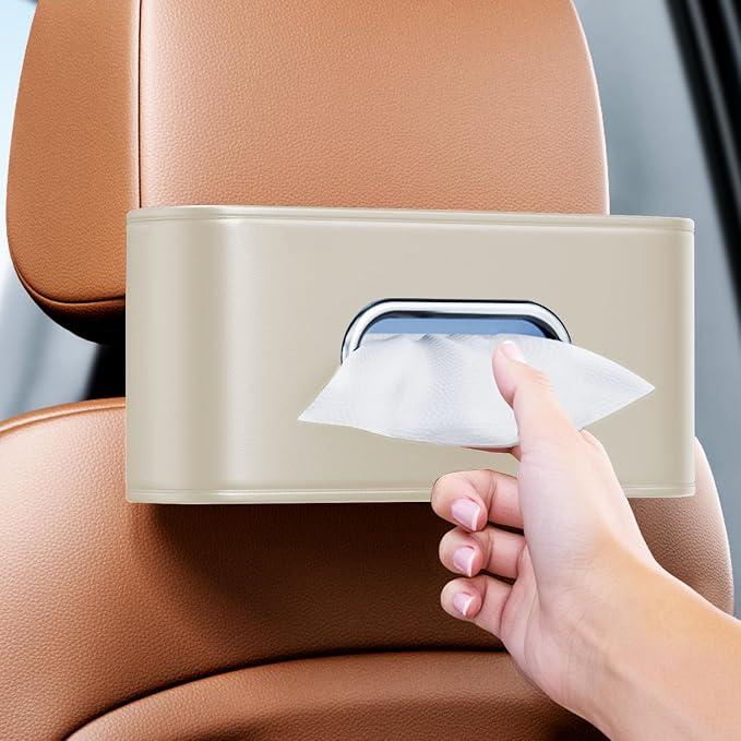 Car Tissue Holder, Car Kleenex Holder Backseat Fits 100-160 Count | Premium PU Leather,Keep Tidy,Universal,Large tissue box,Backseat Car Napkin Holder,Tissues Dispenser for Car,Beige by MTGOCHA