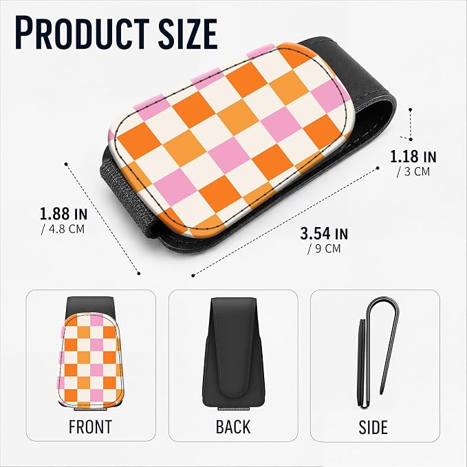 Leather Magnetic Sunglass Holder for Car Sun Visor, Cute Eyeglass Ticket Card Hanger Clip, Universal Auto Interior Accessories for SUV Pickup Truck, Orange Checkered - Image 3