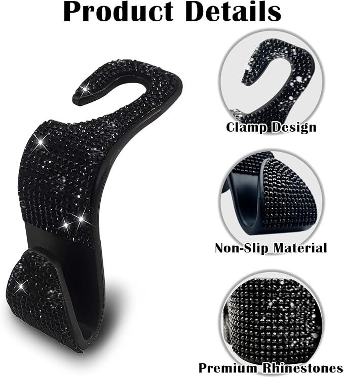 OSIFIT 2PCS Car Seat Hooks - Bling Rhinestone Headrest Hooks with Universal Design - Perfect for Holding Handbags, Clothes, Purses, and Water Bottles - Black - Image 2