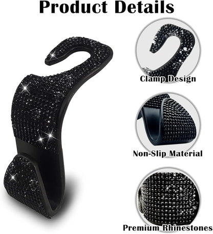 OSIFIT 2PCS Car Seat Hooks - Bling Rhinestone Headrest Hooks with Universal Design - Perfect for Holding Handbags, Clothes, Purses, and Water Bottles - Black - Image 2
