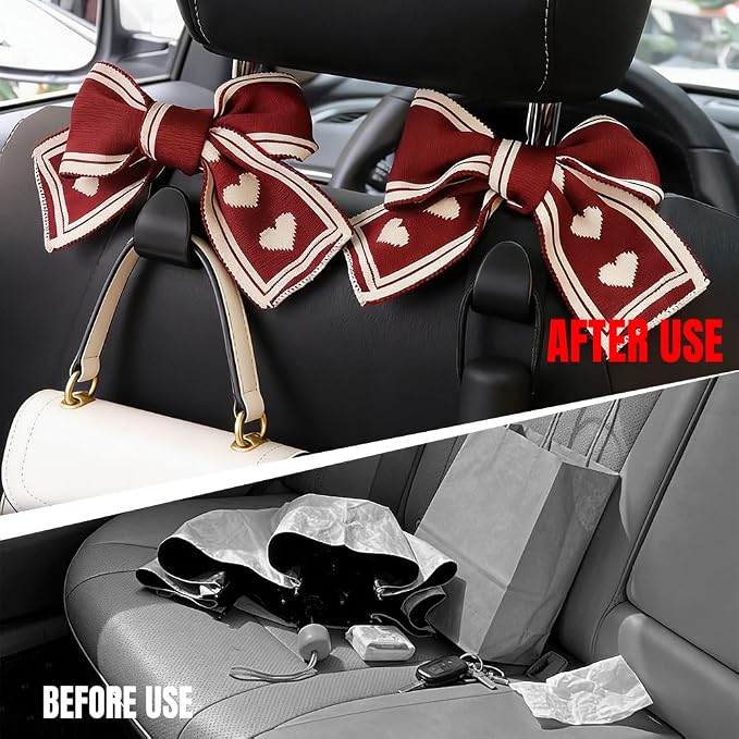 2PCS Car Seat Headrest Hooks, Car Purse Hook, Cute Bow Knot Vehicle Seatback Hanging Storage Organizer, Auto Seatback Decor Organizer Hanger for SUV Truck (Red/White) - Image 4