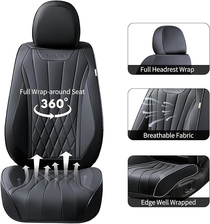 FLORICH Car Seat Covers Front Seats, Luxury Fashion Solid Black Seat Covers, Waterproof Nappa Leather Car Seat Protector, Airbag Compatible, Full Covered Car Seat Cover Universal Fit for Most Cars - Image 4