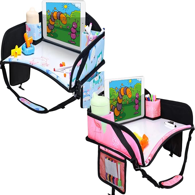 Kids Travel Tray for Toddler Car Seat, Road Trip Activities for Kid | Toddler Car Activities with iPad Holder Stand, Roadtrip Essentials with Dry Erase Board & Cooler Cup Holder, 2PC by WENRENER