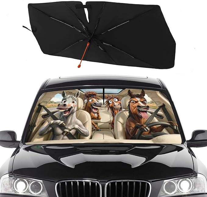 Socira Funny Horse Car Windshield Sun Shade Umbrella Foldable Sunshade | for Front Window Auto Windshield Sunshade Covers Horse Car Accessories Protect from Sun Rays Heat Gifts 57'' X 30'' by Socira