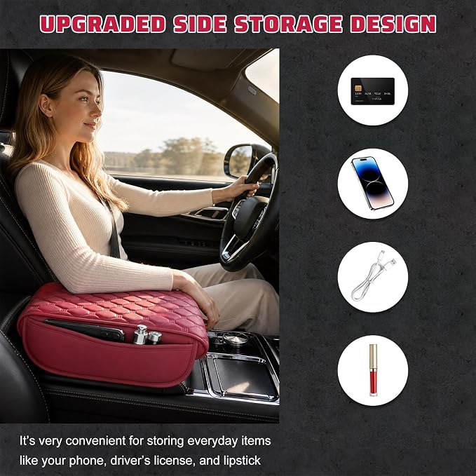 Car Center Console Cover, Memory Foam Auto Armrest Cushion Center Console Pillow Pad with Side Pockets, Anti-Scratch Leather Elbow Pillow Armrest Seat Box Protector for Most Cars (Wine Red) - Image 5