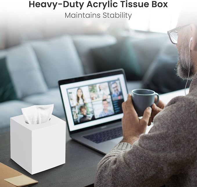 Square Acrylic Tissue Box Cover with 2 Pcs Qtip Holder Dispenser,White | Modern decor,plastic,bathroom vanity storage organizer set,non-slip,Easy to refill,size compatibility for tissue & rolls - Image 7