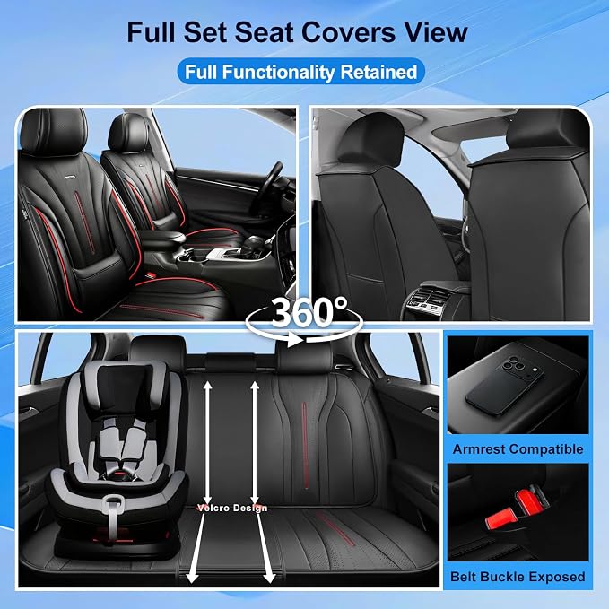 Fit Cherokee Seat Covers Custom Fit for Jeep Cherokee 2014-2026, Full Set | Premium Leather Full Coverage Protectors, Waterproof, Breathable, Scratch Resistant, Easy Wipe, Airbag Compatible, RedTrim - Image 2