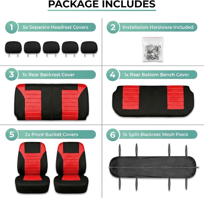 FH Group Automotive Car Seat Covers Full Set Premium 3D Air Mesh Front Seat Covers, Airbag Compatible & Split Bench Cover Universal Fit Interior Accessories for Cars Trucks and SUVs - Red - Image 7